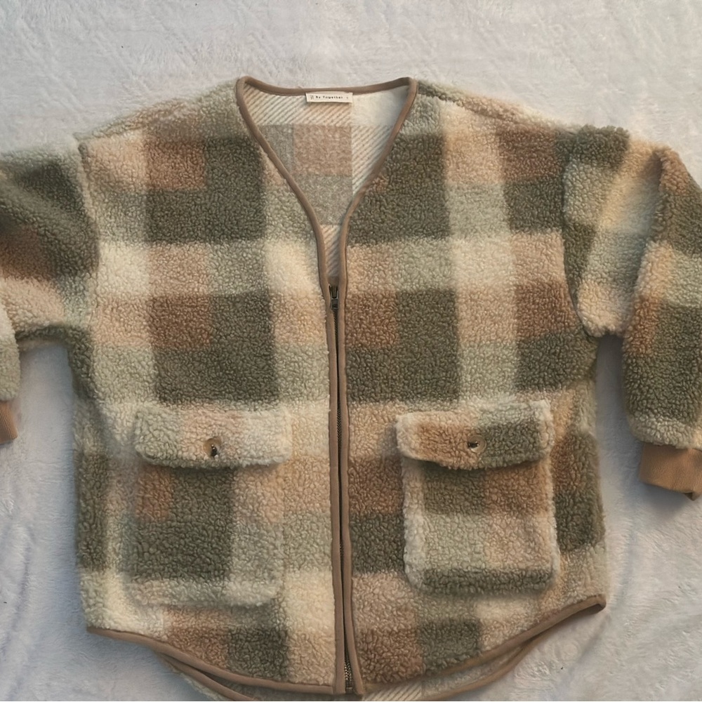 Together Women’s Plaid Fleece Jacket - Green and Tan (L)